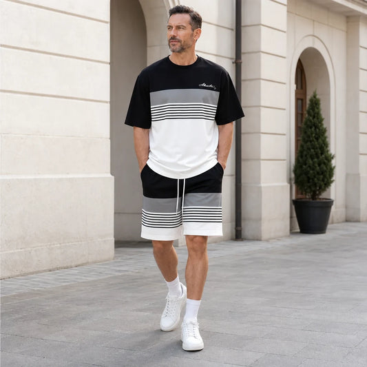 【S-6XL】Męski, swobodny, prosty, modny dwuczęściowy komplet sportowy składający się z koszulki i szortów, uniwersalny do noszenia na co dzień.
