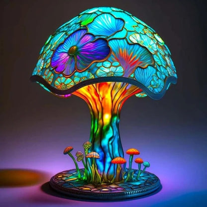 🍄Stolní lampa ve tvaru houby, vitráž s rostlinnou tematikou, retro noční lampa, vyrobená z barevné pryskyřice.