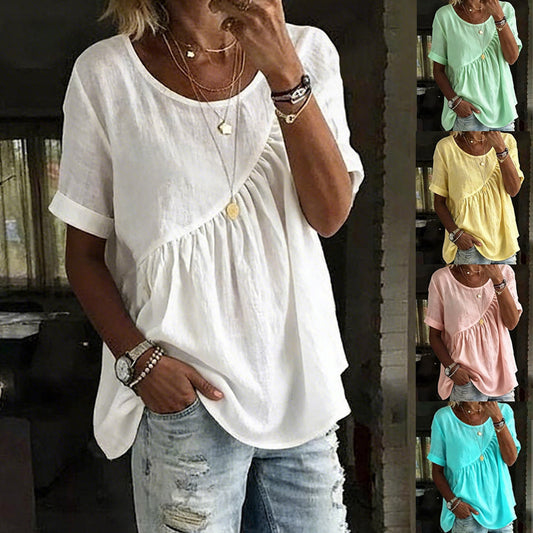 👚【S-3XL】Elegantna ženska majica kratkih rukava s okruglim izrezom i naborima u jednoj boji
