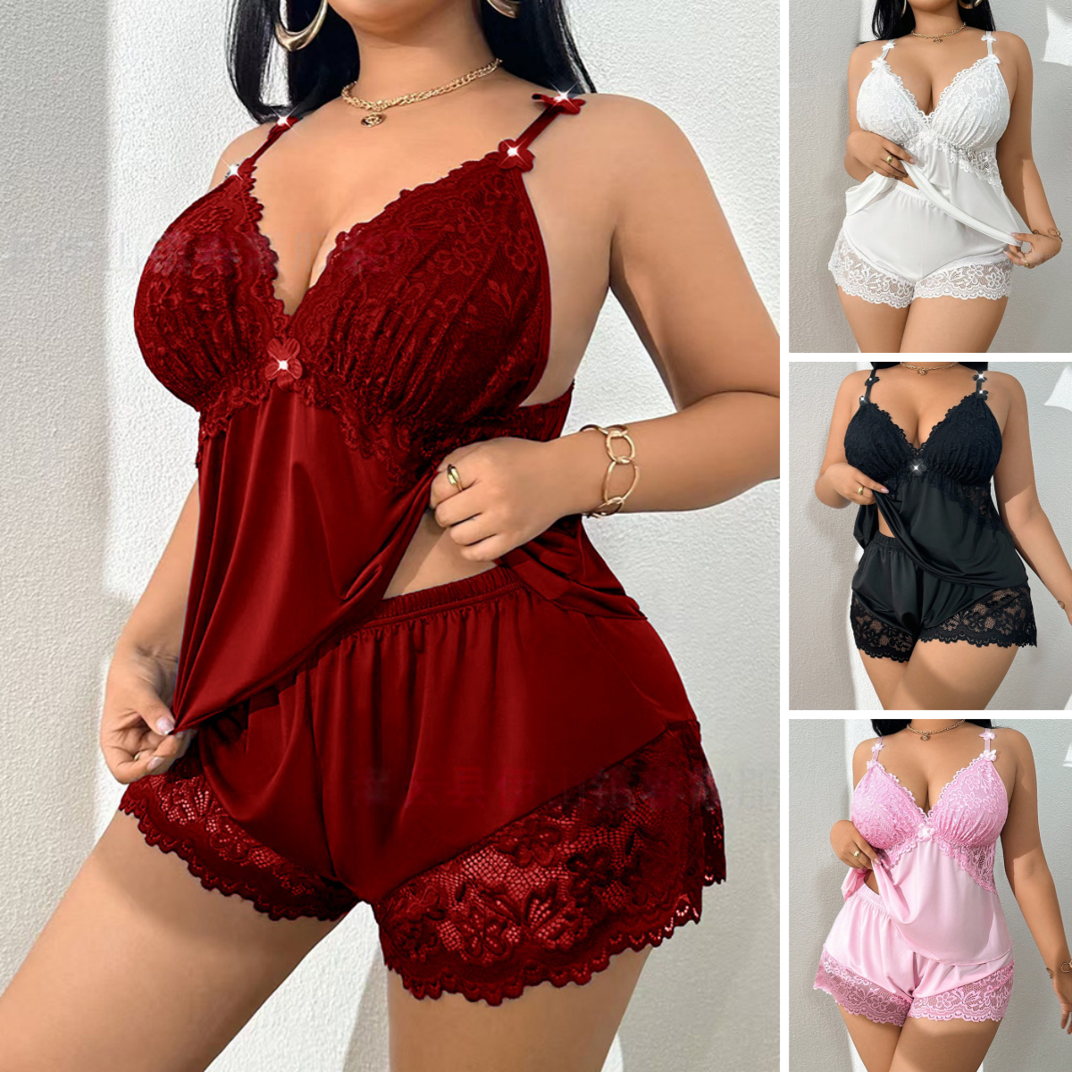 👗【S-3XL】🌸 Pidžama set s majicom bez rukava i čipkastim hlačicama, podesivim naramenicama i V-izrezom 🛏️✨