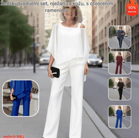 ⏳Vremenski ograničena ponuda⏰【50-120 KG】👚👖Ženski dvodijelni set, ugodan za kožu, spušteni top✅【Majica + hlače】