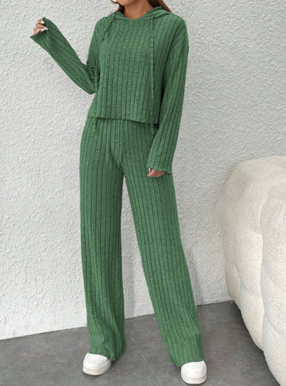 📢📢Sleva 50% 😍【40-90KG】Dámský dvoudílný pletený top s kapucí a kalhoty se širokými kalhotami