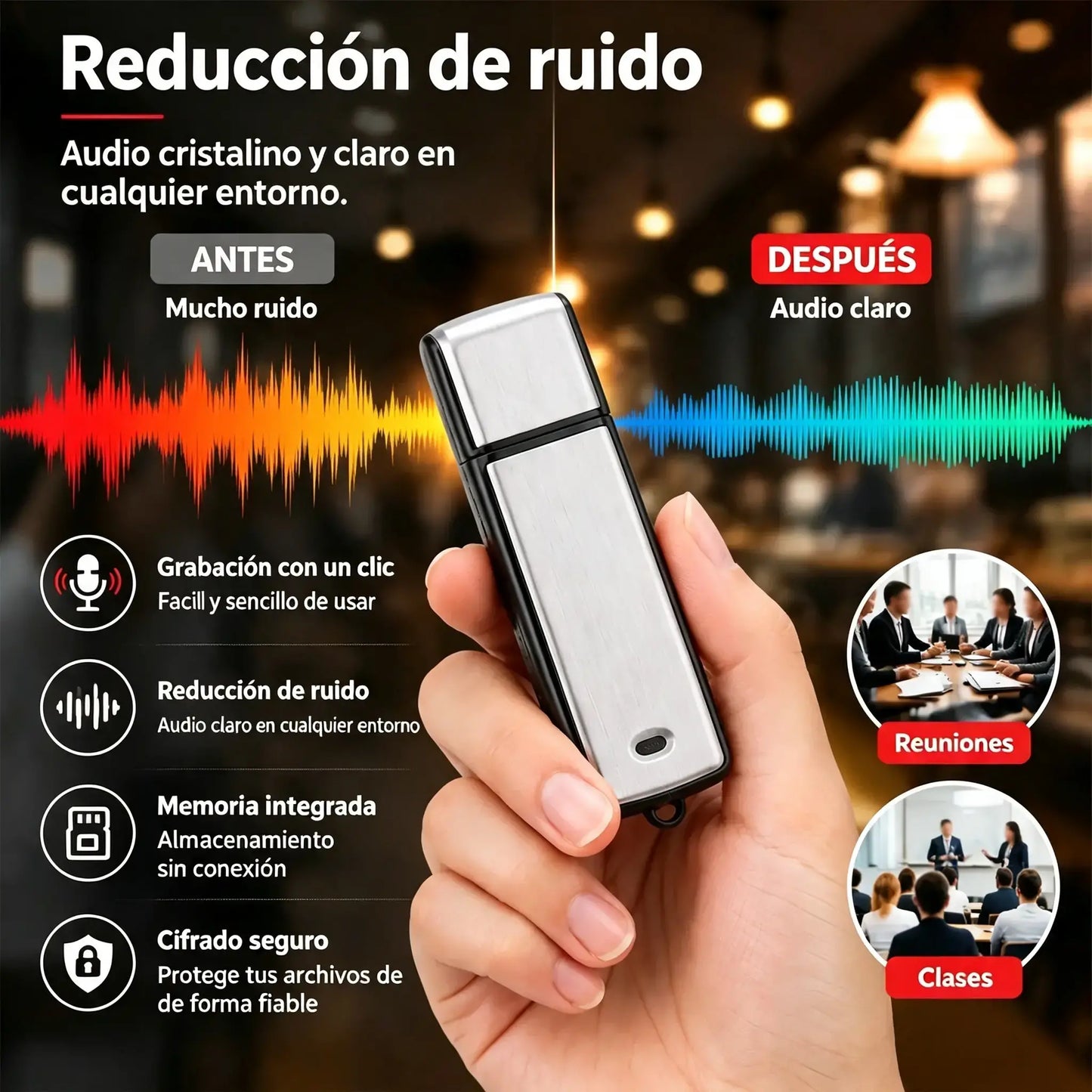 Grabadora de voz USB portátil de alta resolución con reducción de ruido.