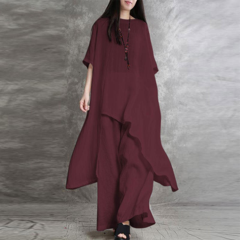 👚+👖【S-5XL】Ženski dvodijelni ležerni komplet širokog kroja od pamuka i lana, gornji dio s nepravilnim rubom.