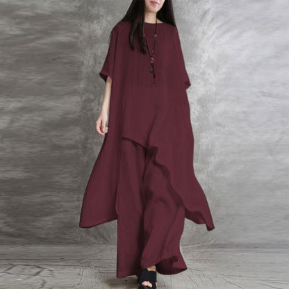 👚+👖【S-5XL】Ženski dvodijelni ležerni komplet širokog kroja od pamuka i lana, gornji dio s nepravilnim rubom.