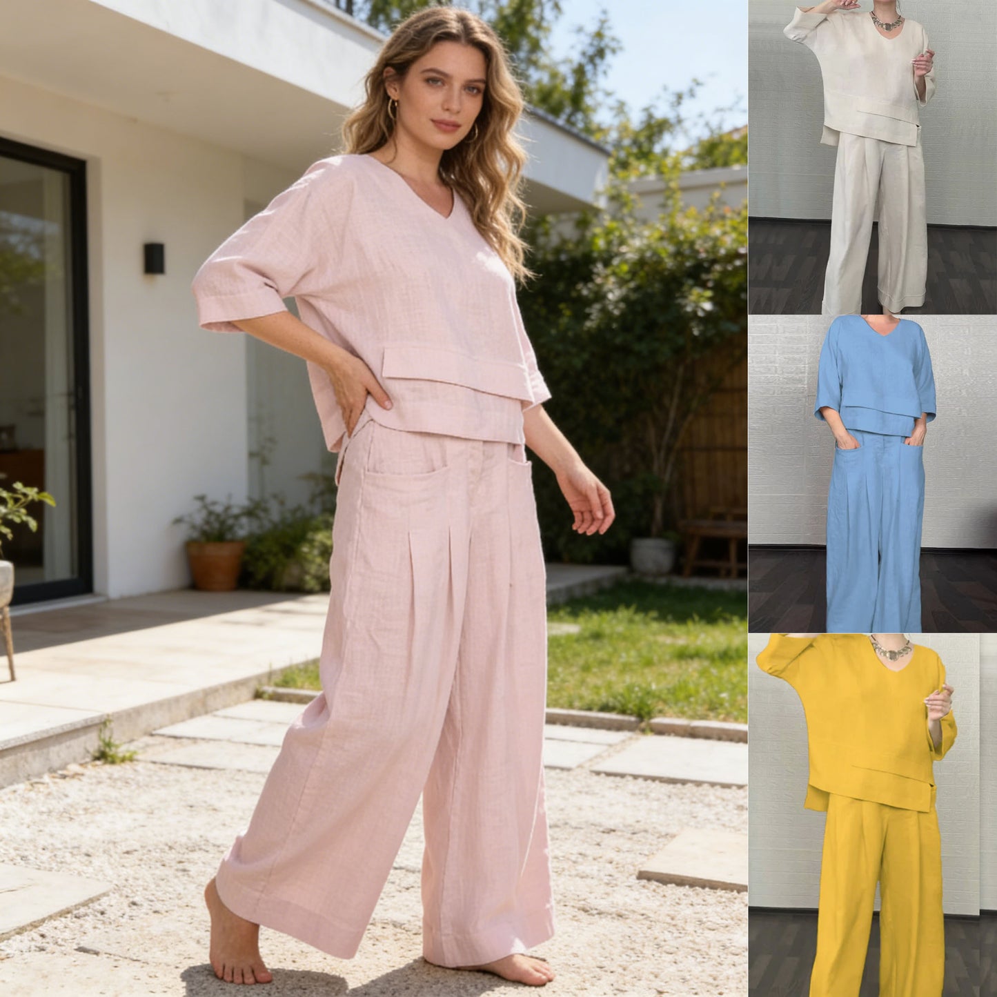 💎 Dvodijelni set od pamuka i lana s nepravilnim rubom - bluza s V-izrezom + hlače širokih nogavica, prozračan i prirodno elegantan 🍂👚