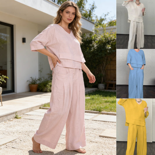 💎 Dvodijelni set od pamuka i lana s nepravilnim rubom - bluza s V-izrezom + hlače širokih nogavica, prozračan i prirodno elegantan 🍂👚