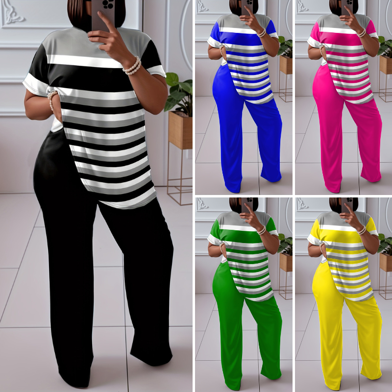 🌈😍【L-5XL】 Nowy damski, luźny, dwuczęściowy garnitur w paski (top + spodenki)