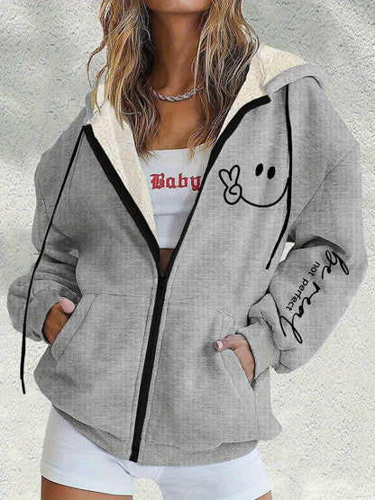 😀【S-5XL】Nova zimska ženska moderna jakna s kapuljačom i patentnim zatvaračem s printom nasmijanog lica