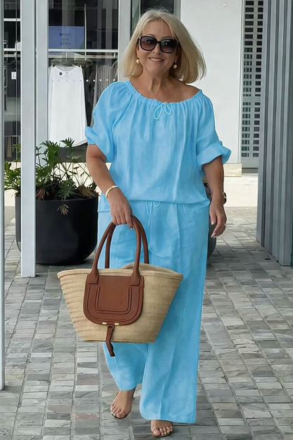 👑💃Ljetni set 2026, široki kroj od pamuka i lana 【Bluza s okruglim ovratnikom i vezicom + hlače】