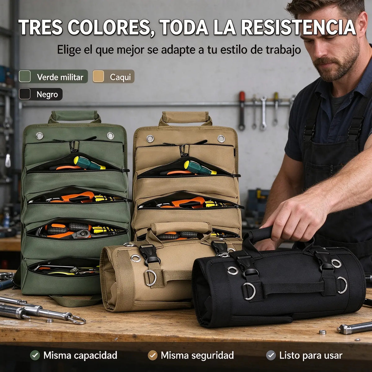 🛠️ Organizador Portaherramientas Enrollable de Tejido Oxford, 4 Compartimentos y 2 Bolsas Desmontables, Resistente para Electricistas, Mecánicos y Carpinteros 🚗