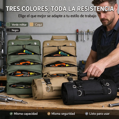 🛠️ Organizador Portaherramientas Enrollable de Tejido Oxford, 4 Compartimentos y 2 Bolsas Desmontables, Resistente para Electricistas, Mecánicos y Carpinteros 🚗