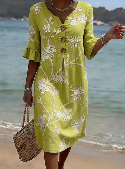 👗【S-3XL】Ženska haljina od pamuka i lana s napuhanim rukavima i gumbima
