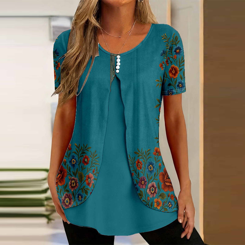 🌸【S-5XL】Elegantna bluza 2 u 1 s cvjetnim printom – široki kroj koji skriva trbuh i vitkije oblikuje figuru