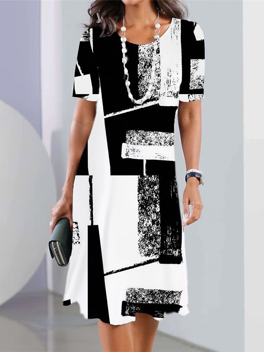 👗【XS-5XL】Vestido sencillo y elegante de mujer con cuello redondo y estampado digital