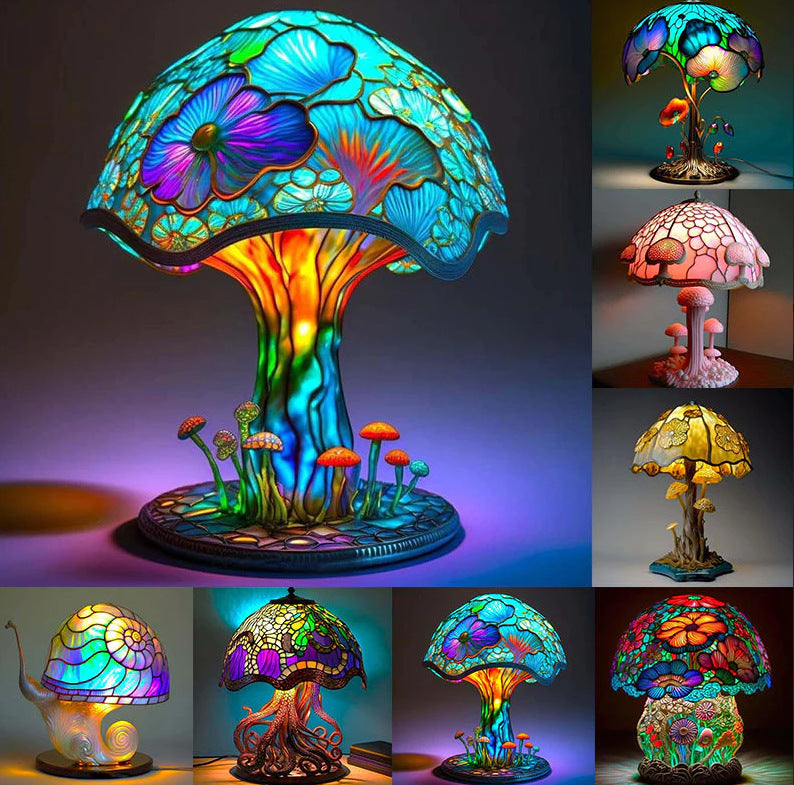 🍄Stolní lampa ve tvaru houby, vitráž s rostlinnou tematikou, retro noční lampa, vyrobená z barevné pryskyřice.