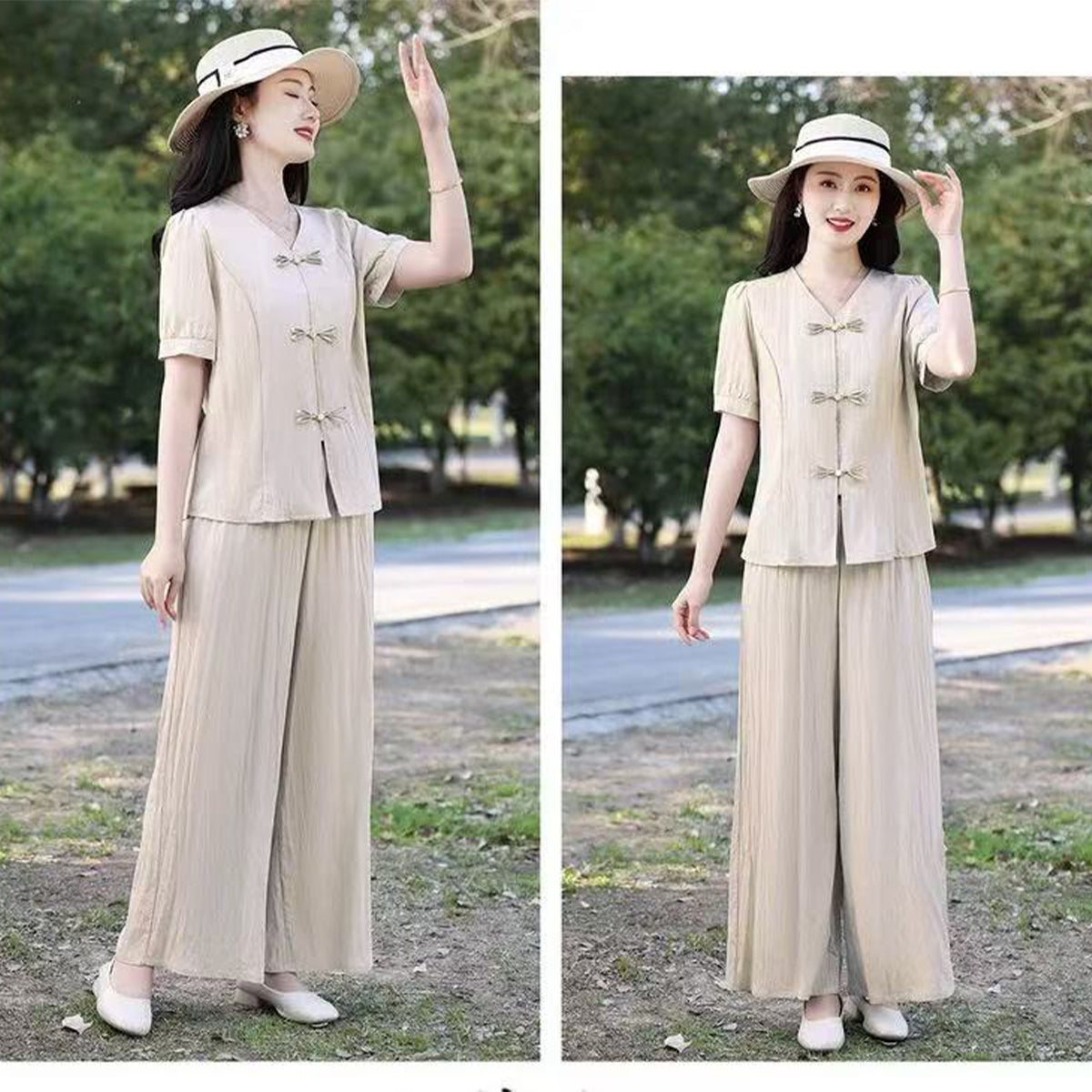 ✨【Majica + Hlače】💖Ljetni set kratkih rukava za žene srednjih godina: Košulja s V-izrezom i kopčanjem, elegantan i mladenački dvodijelni set