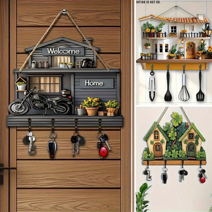 🏠Cârlig de chei cu pandantiv pentru verandă, decor din lemn, frumos cârlig de decor din lemn pentru casă