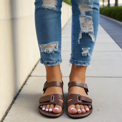 Sandalias romanas planas de piel para mujer de tallas grandes, con suela ortopédica suave que proporciona soporte para el arco del pie y transpirabilidad.