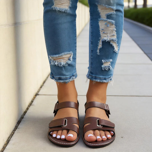 Sandalias romanas planas de piel para mujer de tallas grandes, con suela ortopédica suave que proporciona soporte para el arco del pie y transpirabilidad.