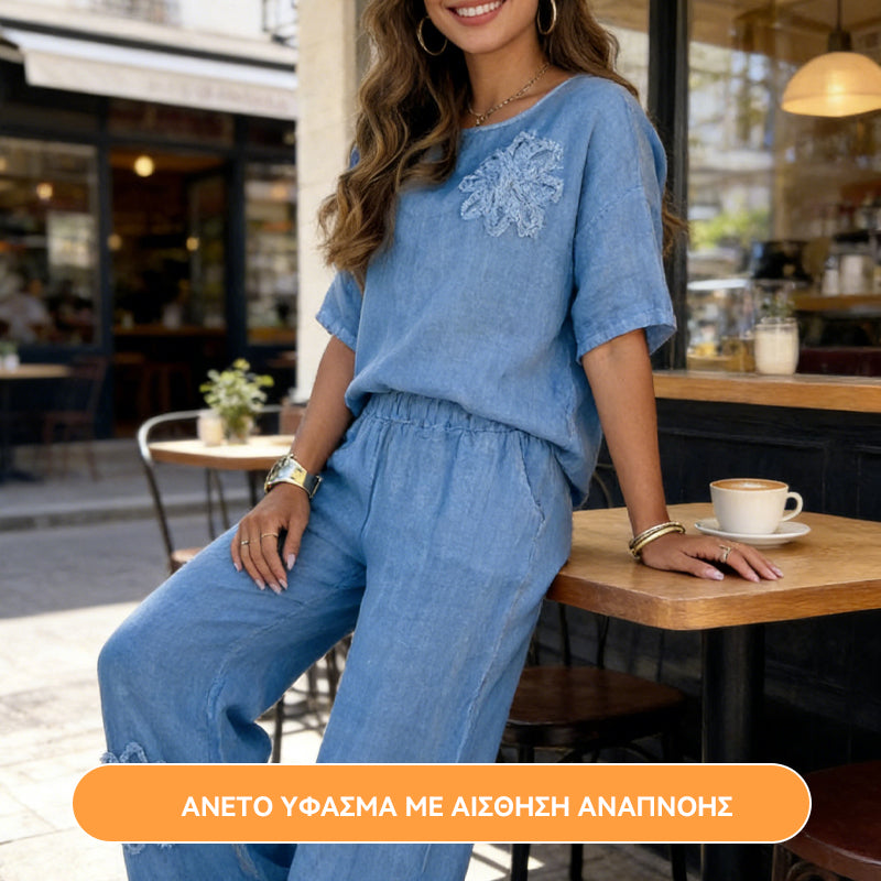 【40-120 kg】【S-5XL】👩‍💼Elegantni dvodijelni set s izvezenim cvijećem za žene 【Majica + Hlače】