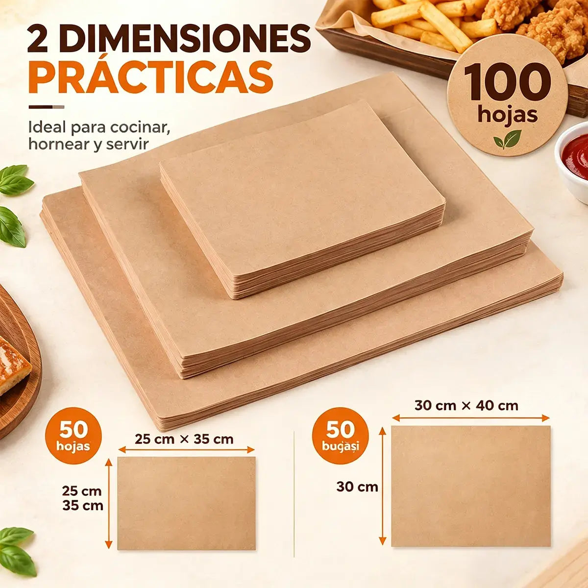 🍟✨ Papel Antigrasa para Alimentos (juego de 100 unidades) | Papel para Freidora, Patatas Fritas, Snacks, Barbacoa y Horno (25x35 cm + 30x40 cm)