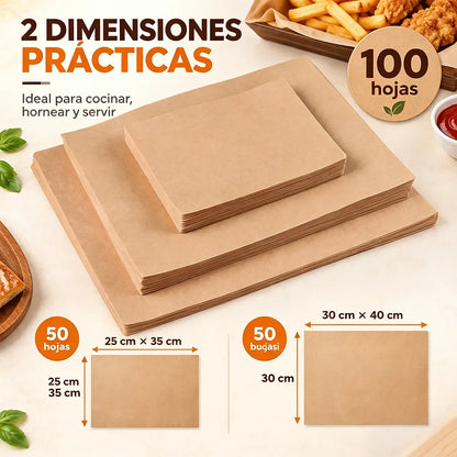 🍟✨ Papel Antigrasa para Alimentos (juego de 100 unidades) | Papel para Freidora, Patatas Fritas, Snacks, Barbacoa y Horno (25x35 cm + 30x40 cm)