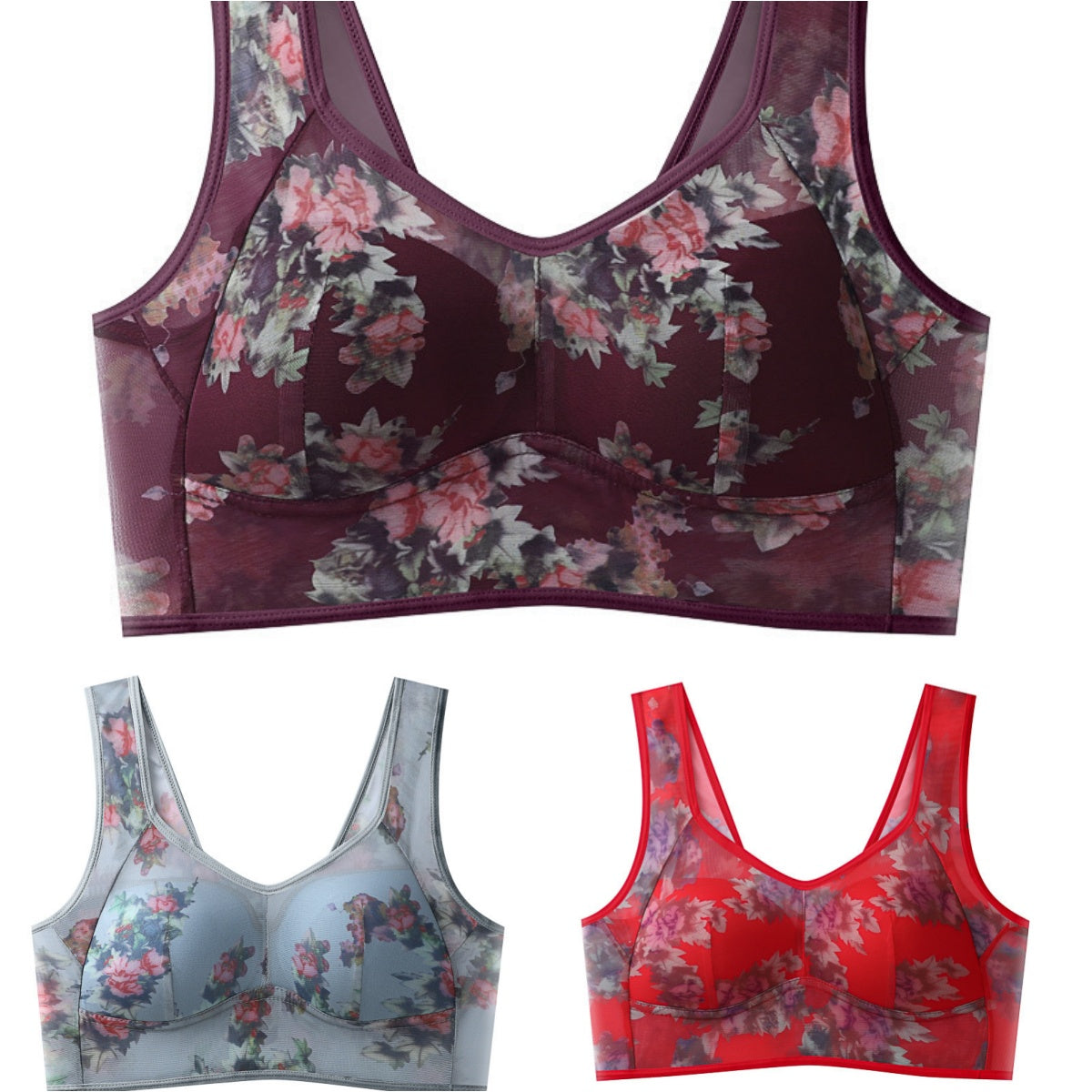 💥【Balení 3 ks】Plus Size podprsenka s potiskem a bez kostic, vysoce kvalitní push-up - lehká a prodyšná síťovina, pohodlná a stylová