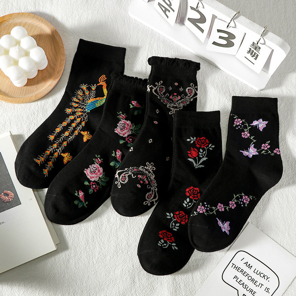 🏆【Kup 5, a 5 dostaniesz gratis】🧦Damskie skarpetki do połowy łydki z koronkowym wzorem w kwiaty, uniwersalne i pochłaniające pot.