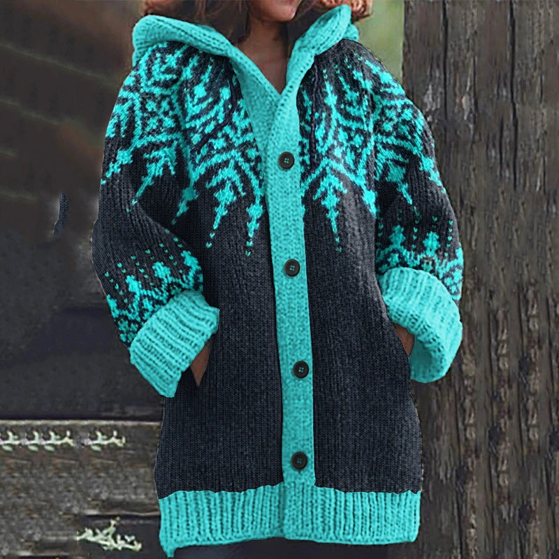 ⛄【S~5XL】❄Elegancka kurtka z kapturem w stylu retro z motywem płatków śniegu i blokami kolorów