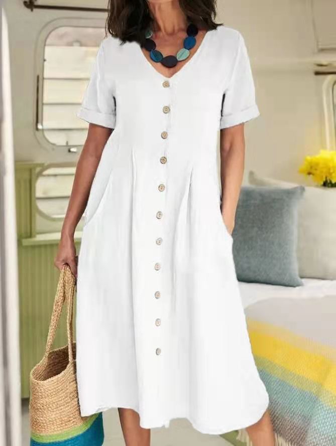 👗【S-5XL】Nova lanena haljina visokog struka, jednobojna, dizajn s džepovima