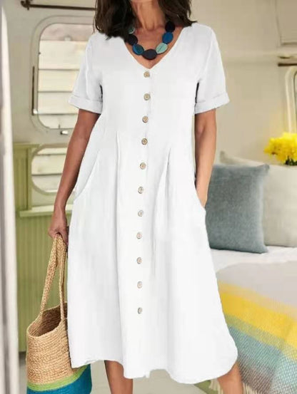 👗【S-5XL】Nova lanena haljina visokog struka, jednobojna, dizajn s džepovima