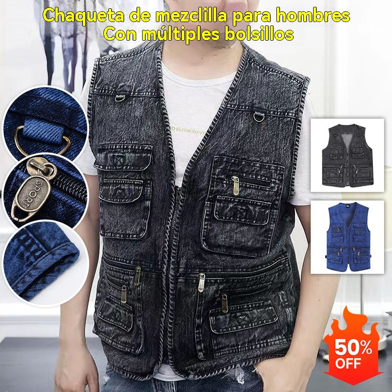 🔥 【Nova kolekcija -50% 】Muški džinski prsluk s mnogo džepova 【XL–7XL】 – Izdržljiv, prozračan i udoban