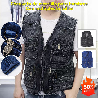 🔥 【Nova kolekcija -50% 】Muški džinski prsluk s mnogo džepova 【XL–7XL】 – Izdržljiv, prozračan i udoban