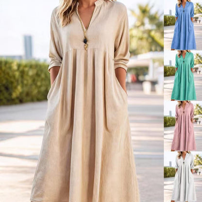 💃【S-3XL】Nova moderna retro haljina s V-izrezom od pamuka i lana --4239790
