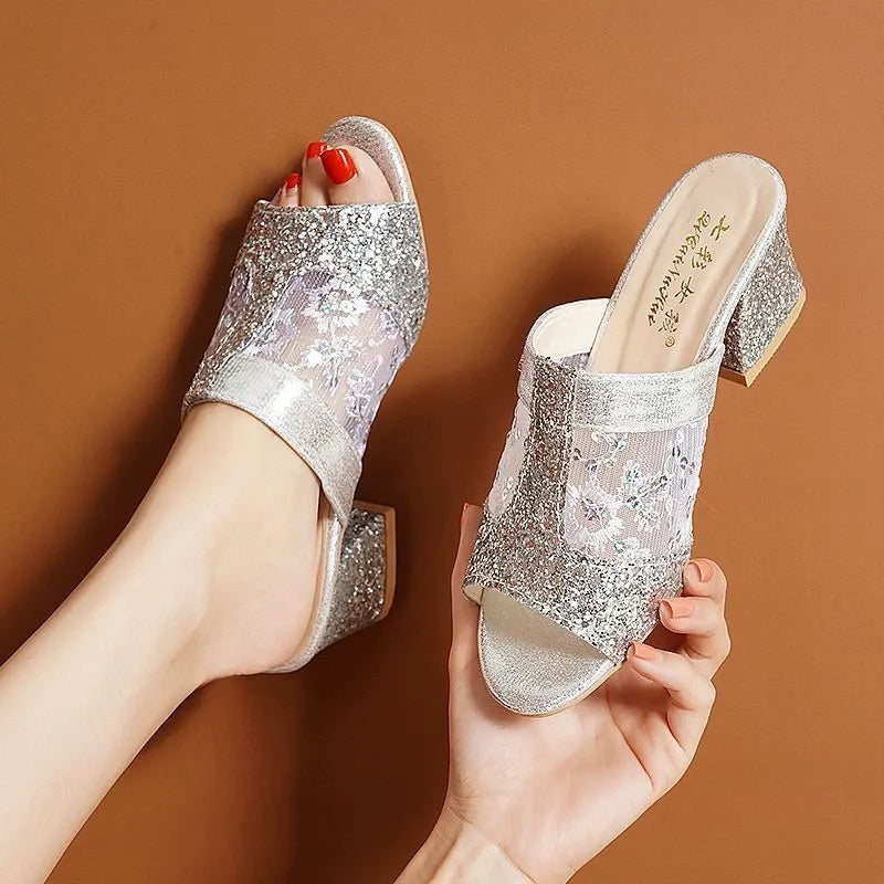 👡【35-40】Sandale decupate cu toc gros și plasă pentru femei