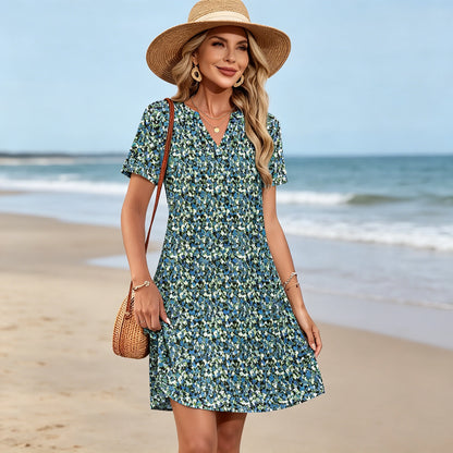 🌼Ženska elegantna ljetna haljina kratkih rukava s V-izrezom, plus size, cvjetnog uzorka, savršena za odmor na plaži.