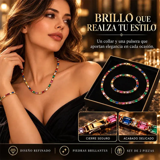 💎 Conjunto de Joyas con Circonias Cuadradas de Colores, Montura Dorada Elegante✨