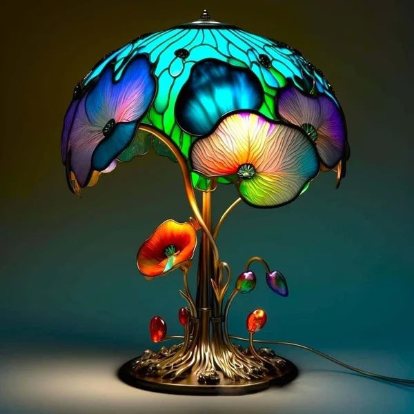 🍄Stolní lampa ve tvaru houby, vitráž s rostlinnou tematikou, retro noční lampa, vyrobená z barevné pryskyřice.