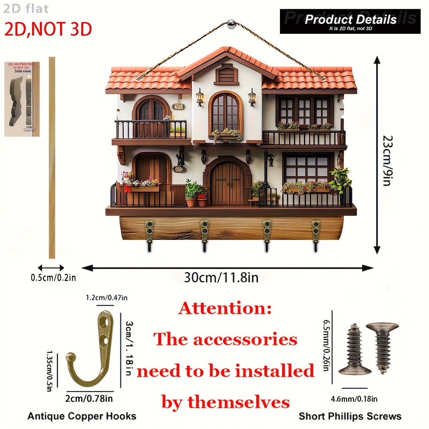🏠Cârlig de chei cu pandantiv pentru verandă, decor din lemn, frumos cârlig de decor din lemn pentru casă