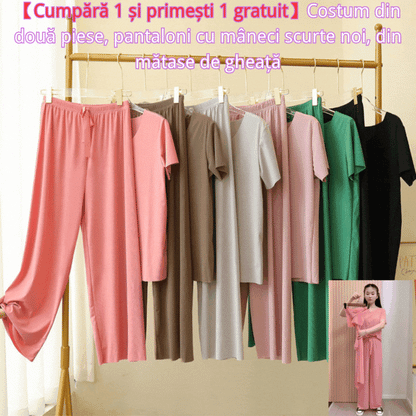 🔥【M-4XL】Costum din două piese, pantaloni cu mâneci scurte noi, din mătase de gheață