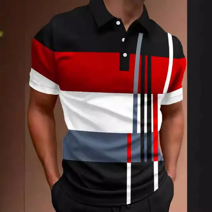 👔【S-6XL】Camisa POLO con estampado informal de bloques de color a rayas 3D para hombre