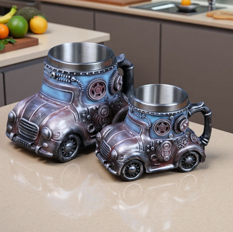 🏆✨【Ograniczona czasowo zniżka】Mechaniczny kubek do kawy ze stali nierdzewnej z wytłoczonym modelem samochodu w stylu retro