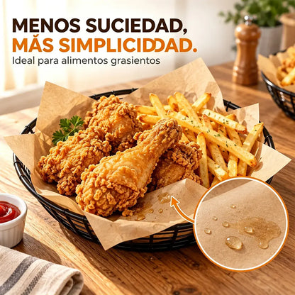 🍟✨ Papel Antigrasa para Alimentos (juego de 100 unidades) | Papel para Freidora, Patatas Fritas, Snacks, Barbacoa y Horno (25x35 cm + 30x40 cm)