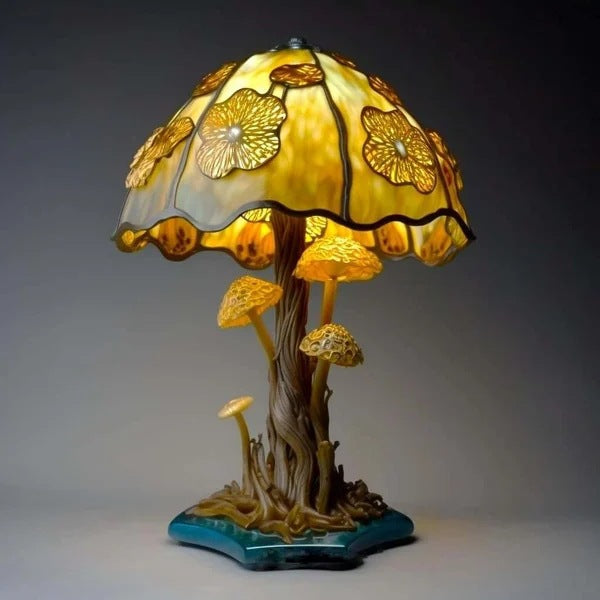 🍄Stolní lampa ve tvaru houby, vitráž s rostlinnou tematikou, retro noční lampa, vyrobená z barevné pryskyřice.