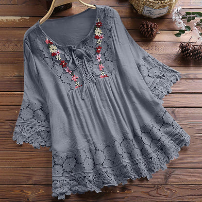 ❤️🌸【S-5XL】Femeii V-Neck Casual brodate florale vrac dantelă Shirt