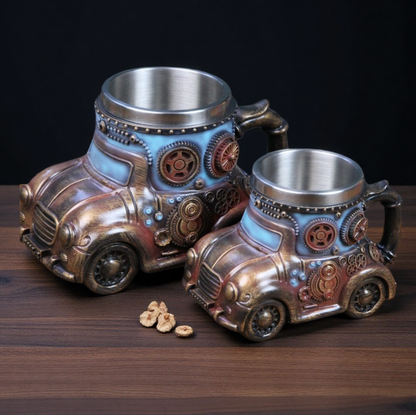 🏆✨【Ograniczona czasowo zniżka】Mechaniczny kubek do kawy ze stali nierdzewnej z wytłoczonym modelem samochodu w stylu retro