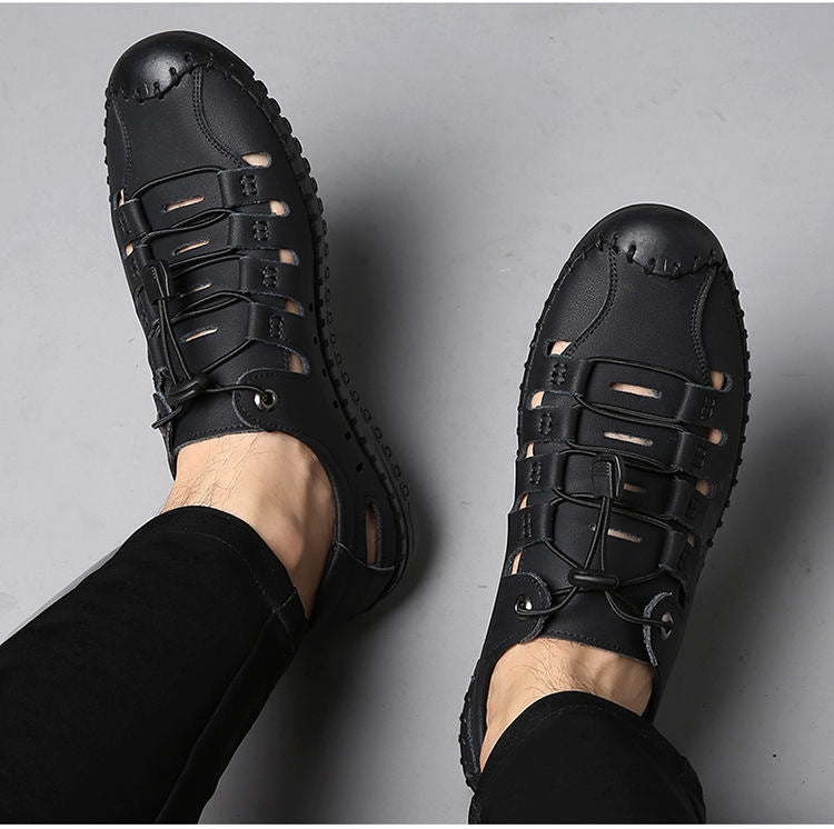 🌟【39-44】Męskie, skórzane, letnie, zamknięte sandały plażowe z wydrążonymi palcami👞✨