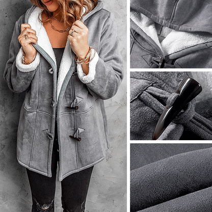 🥼🔥【Περιορισμένη προσφορά 50%】💖[S-5XL] Νέο μοντέρνο, ζεστό γυναικείο μπουφάν με κουκούλα, σουέτ και μάλλινη επένδυση, του 2025