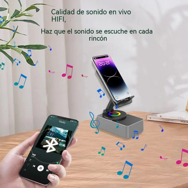 🔥 4 en 1: Altavoz Bluetooth + Cargador + Soporte 360° para Móvil 📱🔊⚡